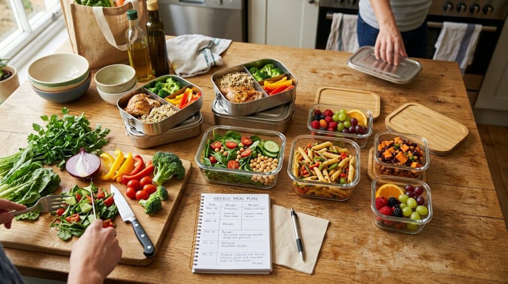 Close-up overhead shot of a family meal prep scene: stainles