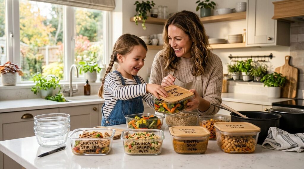 Realistic image of a parent and child organizing leftovers i