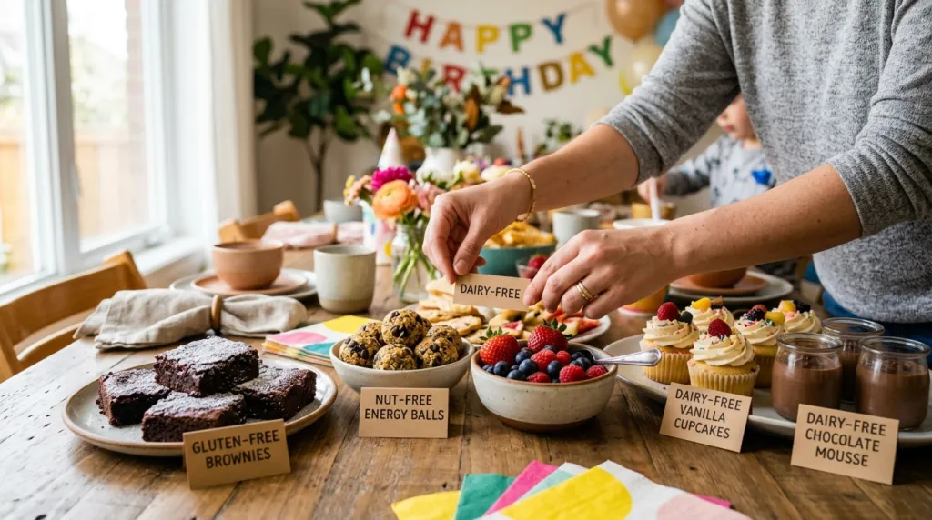 Moderens hænder arrangerer farverige allergivenlige snacks på et fad.