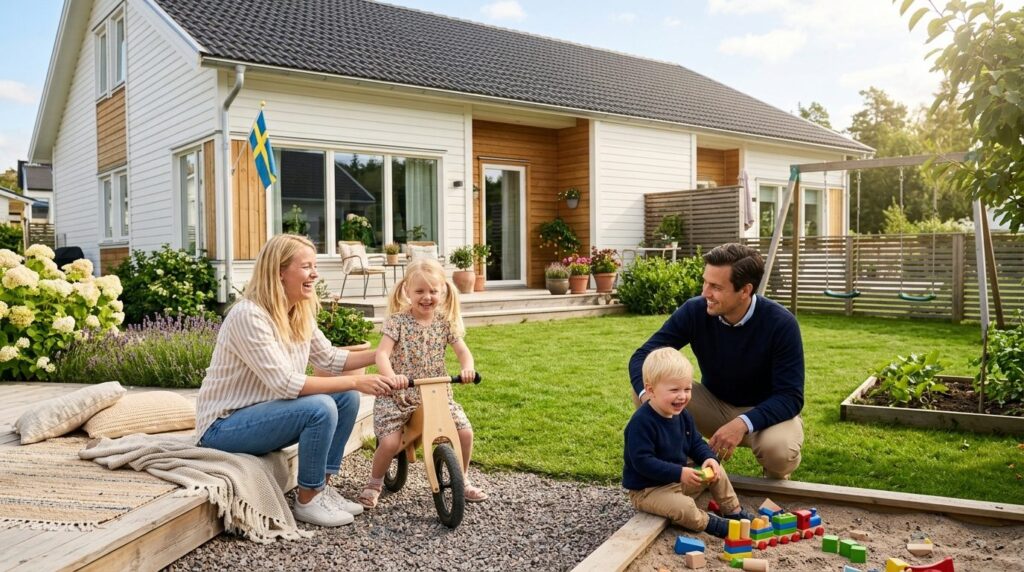 Young parents with children playing safely in a backyard of