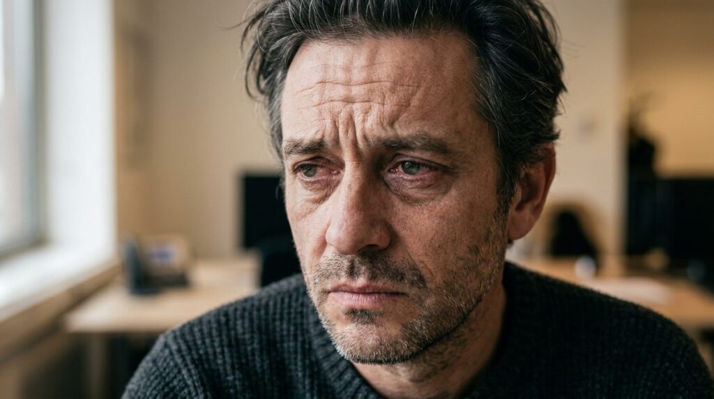 Close-up photorealistic image of a mans face showing signs