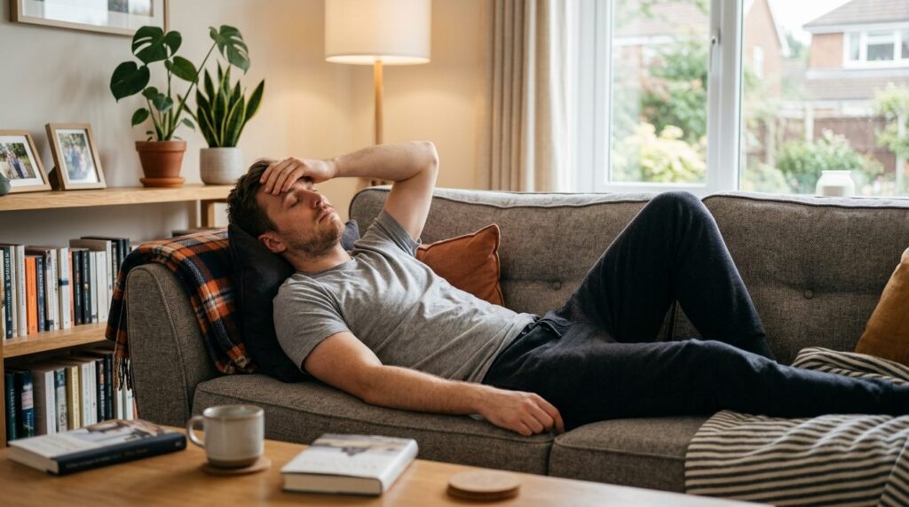 Photorealistic image of a man in casual home clothing lying