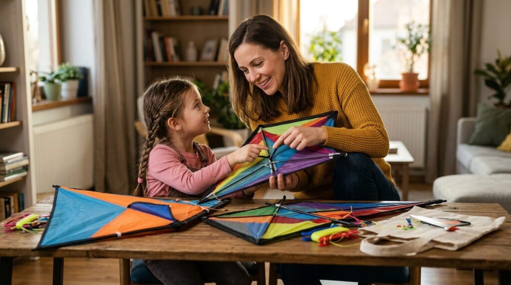 Photorealistic 16:9 stock photo of parent and child examinin