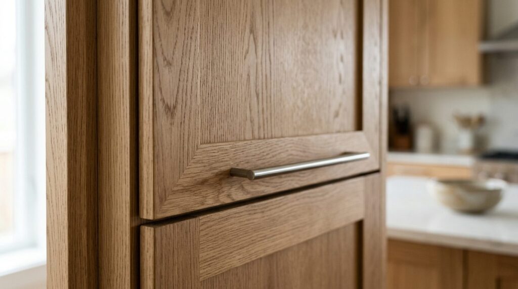 Close-up detail shot of framed kitchen cabinet fronts in nat