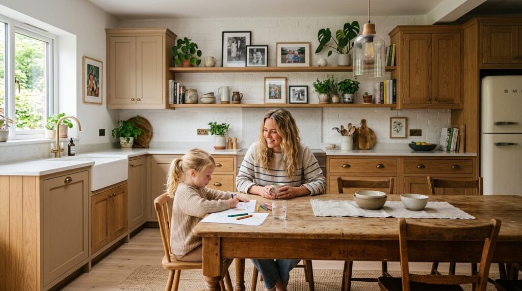 Bright Scandinavian kitchen interior featuring framed kitche