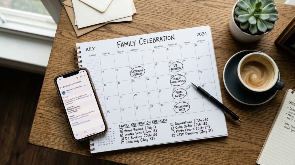 Overhead view of a planning calendar and smartphone showing