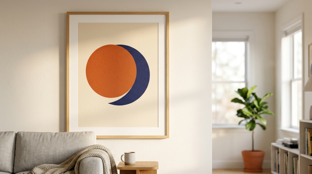 Close-up of a large-scale modern art poster hung on a soft w