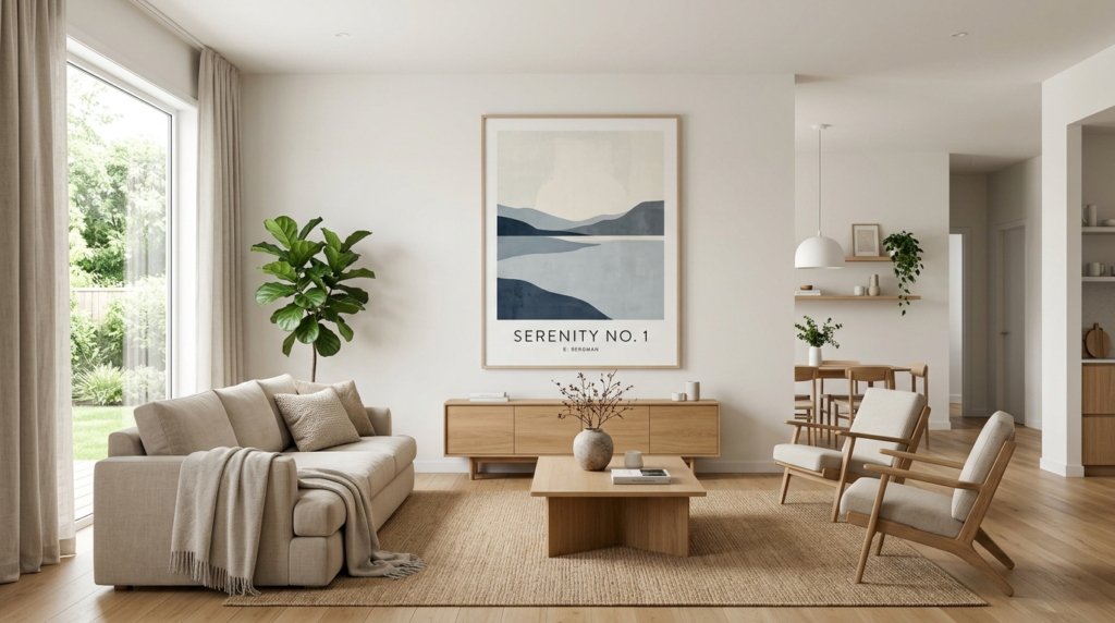 Wide shot of a contemporary family living space with one pro