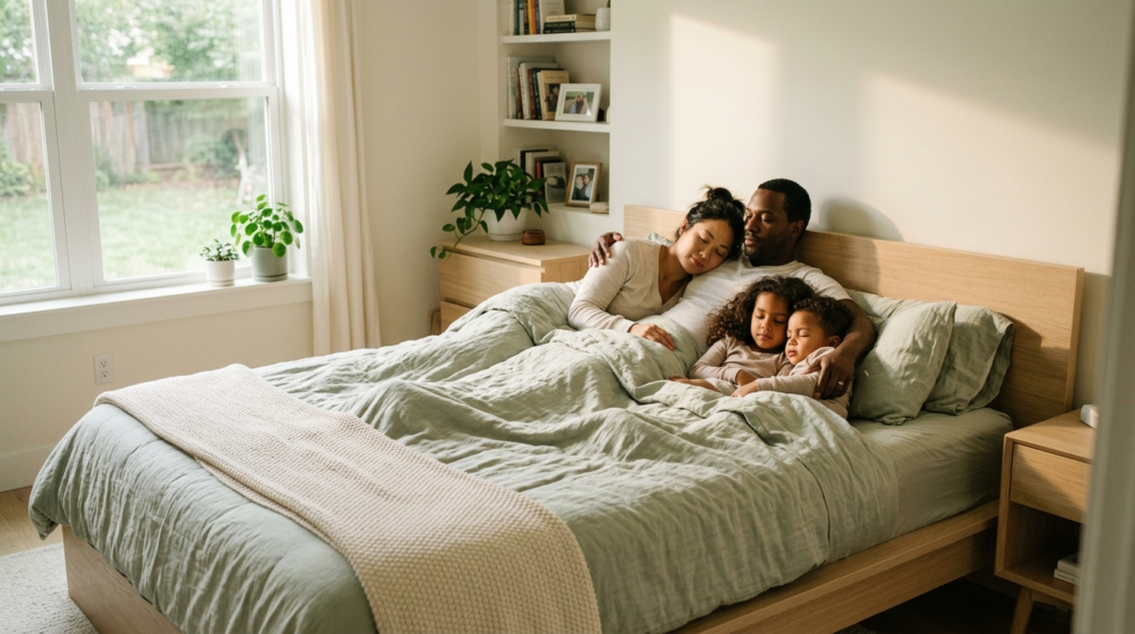 Warm family bedroom scene with diverse family of four sleepi