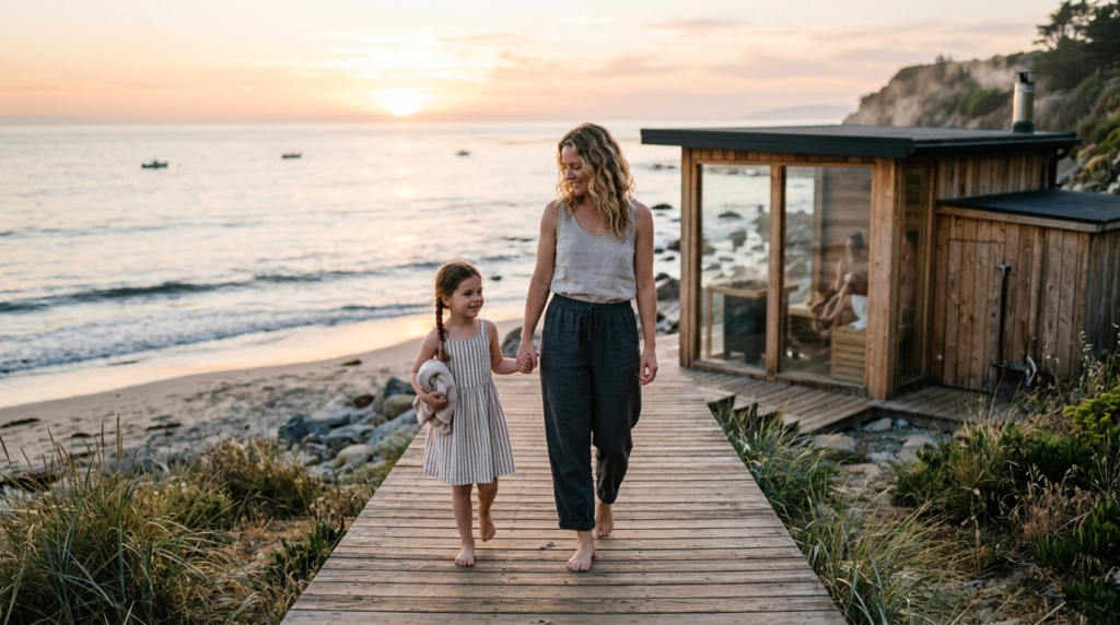 Candid family moment at a beachside sauna retreat during sun