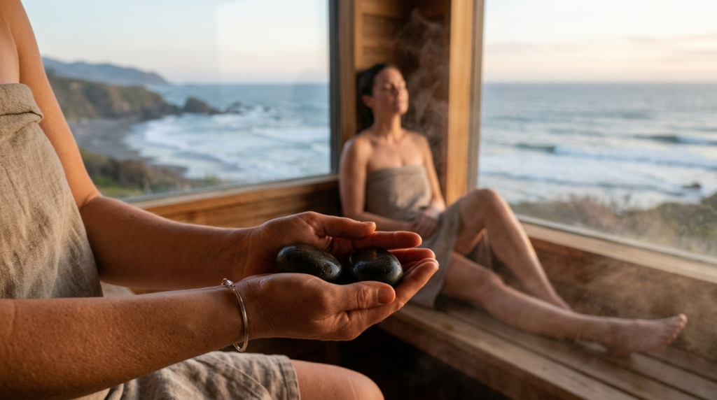 Close-up sensory wellness scene of hands holding warm spa st