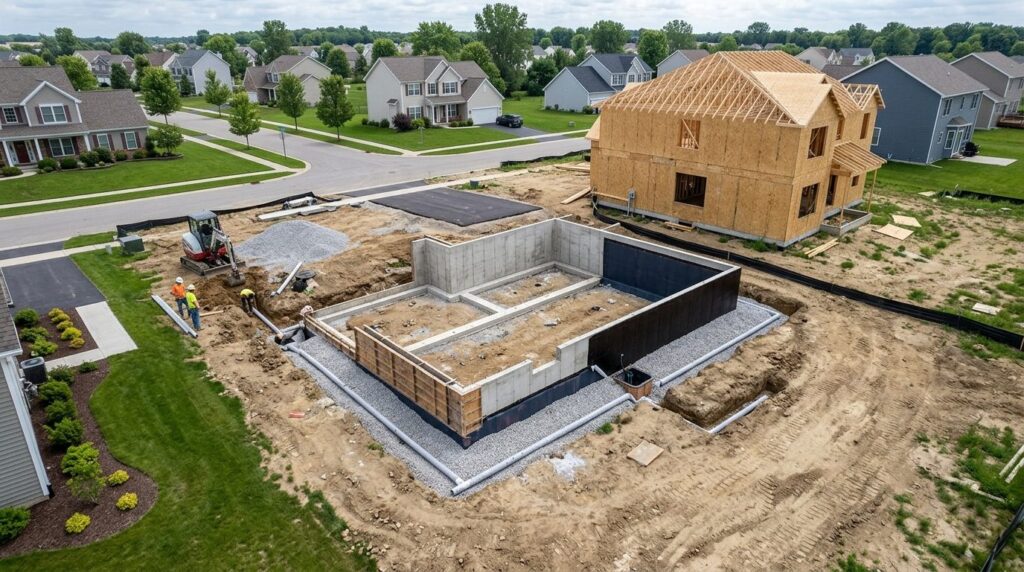 Overhead view of house foundation basement area showing prop