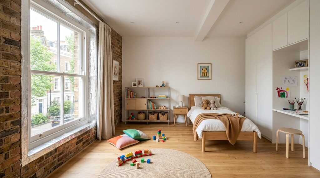 Wide angle photograph of a small childs bedroom in a renova