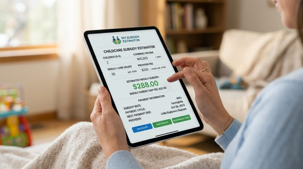 Close-up of parents hands holding a tablet displaying a dig