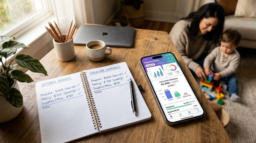Overhead view of a family budget planning scene with noteboo