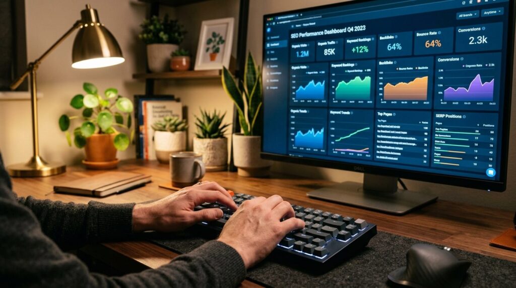 Close-up of hands typing on keyboard with SEO analytics dash