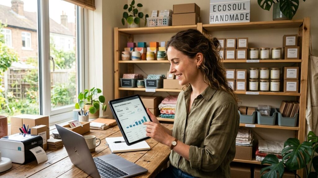 Young entrepreneur woman reviewing business metrics on table