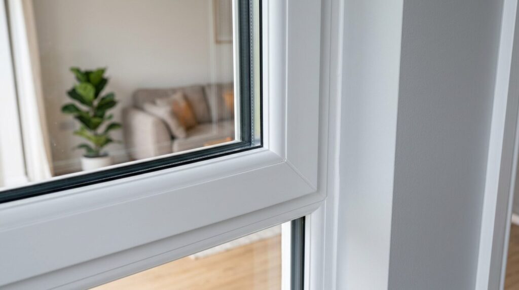 Close-up detail shot of white PVC fixed window frame and cor