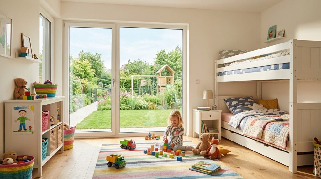 Bright, airy childrens bedroom with white PVC fixed windows