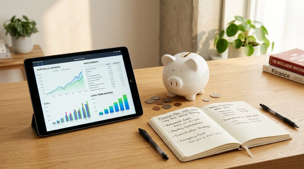Modern minimalist workspace showing a tablet with investment