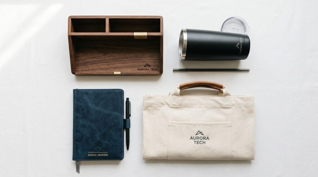 Close-up flat lay of high-quality corporate gift items with