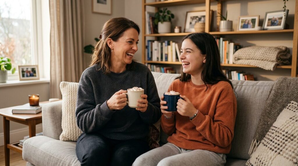 Photorealistic stock photo of a mother and teenage daughter 