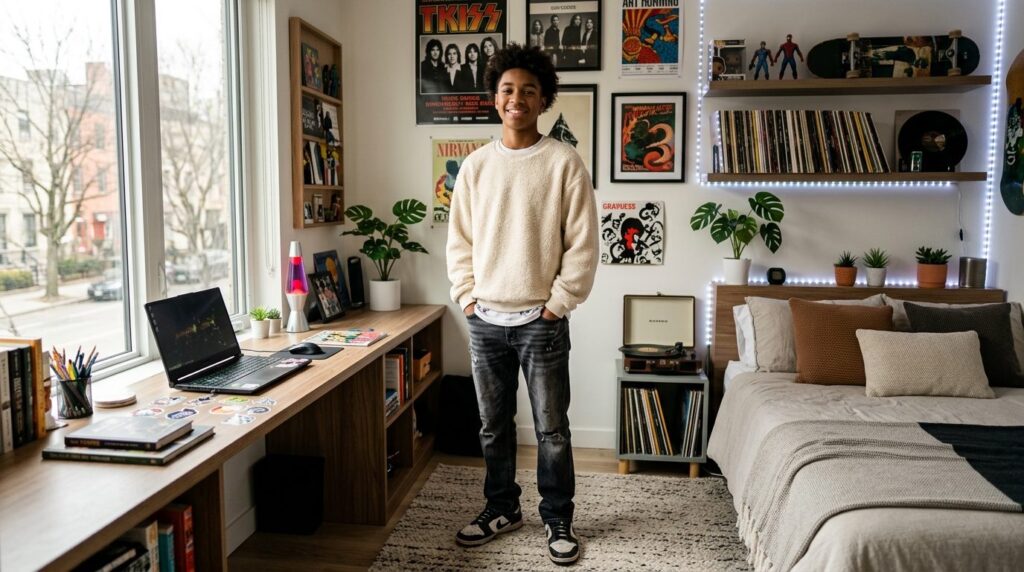 Photorealistic stock photo of a teenage boy wearing a soft f
