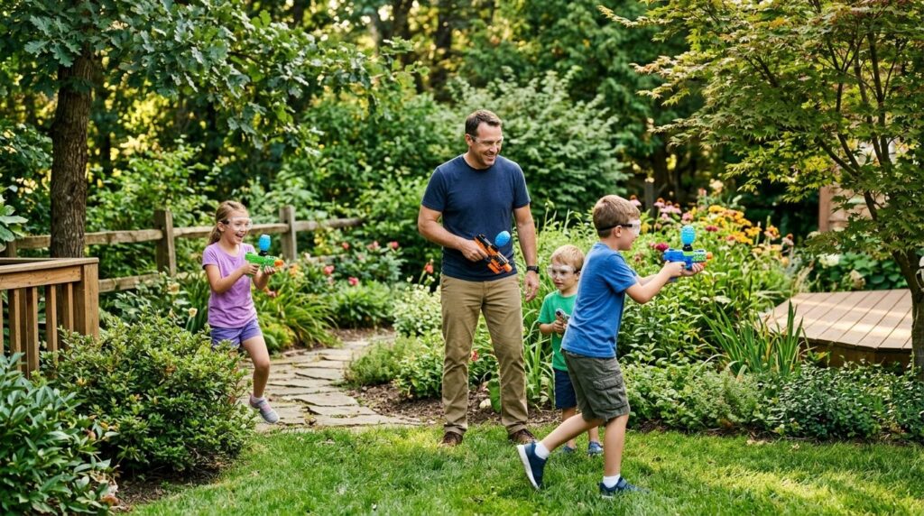 Parent supervising children during outdoor gel ball toy play