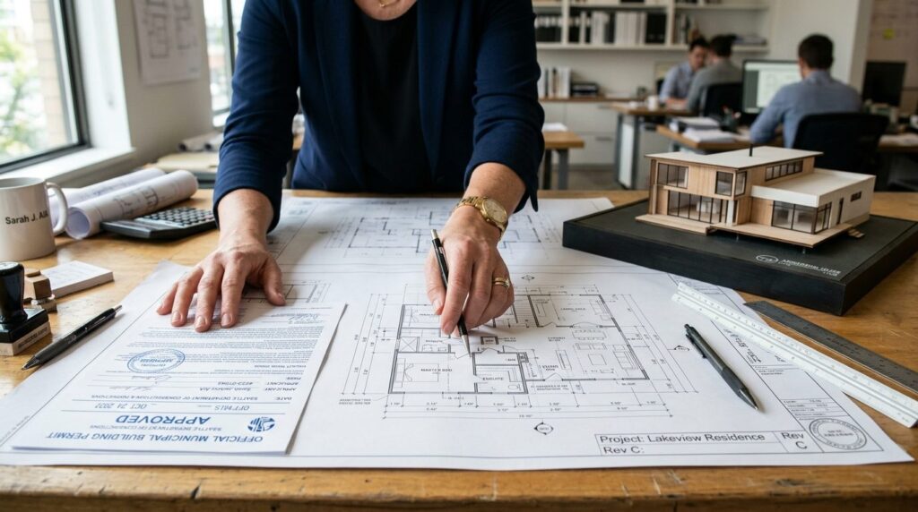 Close-up of architects hands reviewing official municipal b