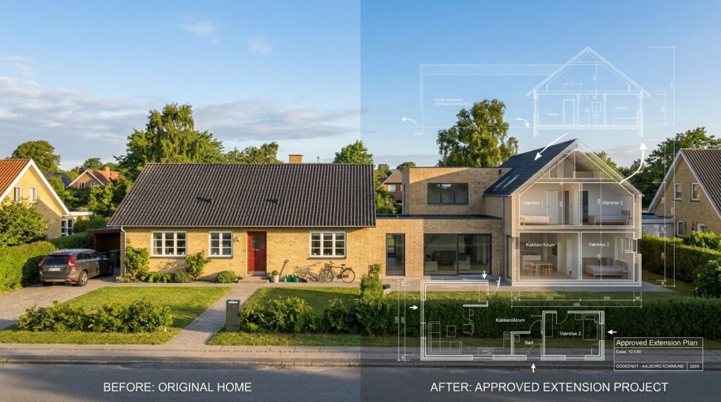 Danish suburban family home with approved extension project,