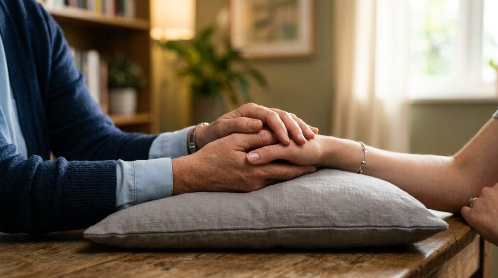 Close-up photorealistic image of two hands - one belonging t