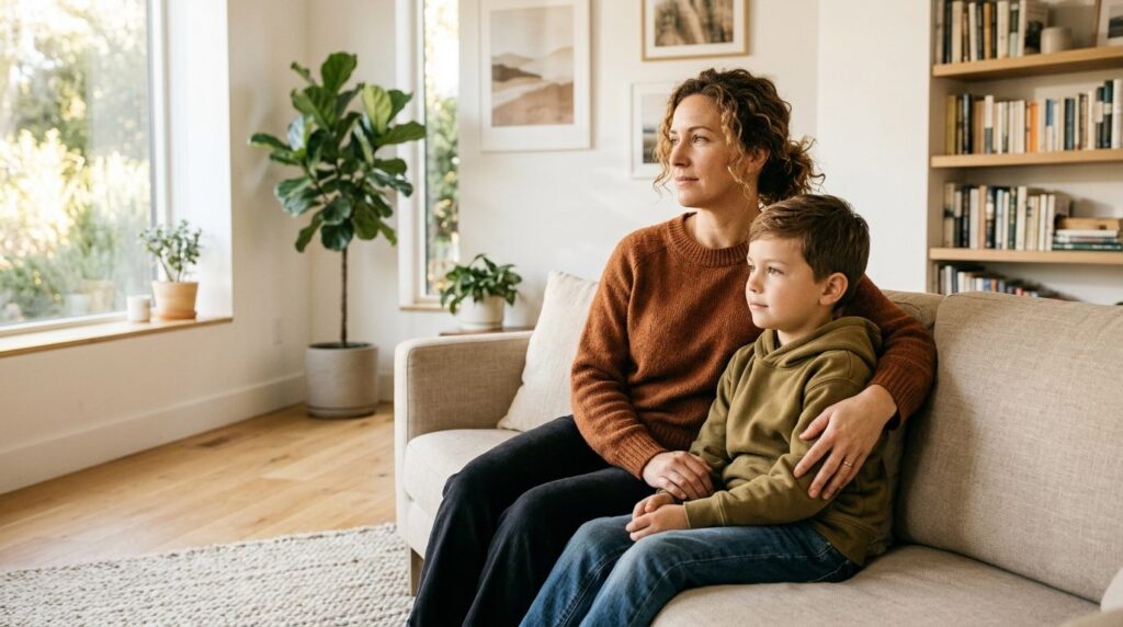 Photorealistic image of a resilient adult and child sitting 