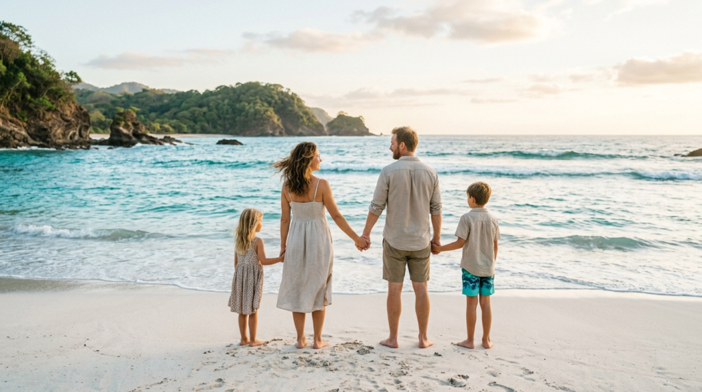 High-quality stock image, 16:9 aspect ratio: Family of four