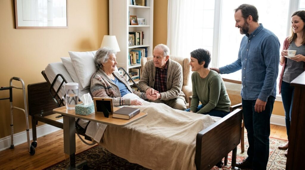 Family gathering around elderly parent in a rental care bed