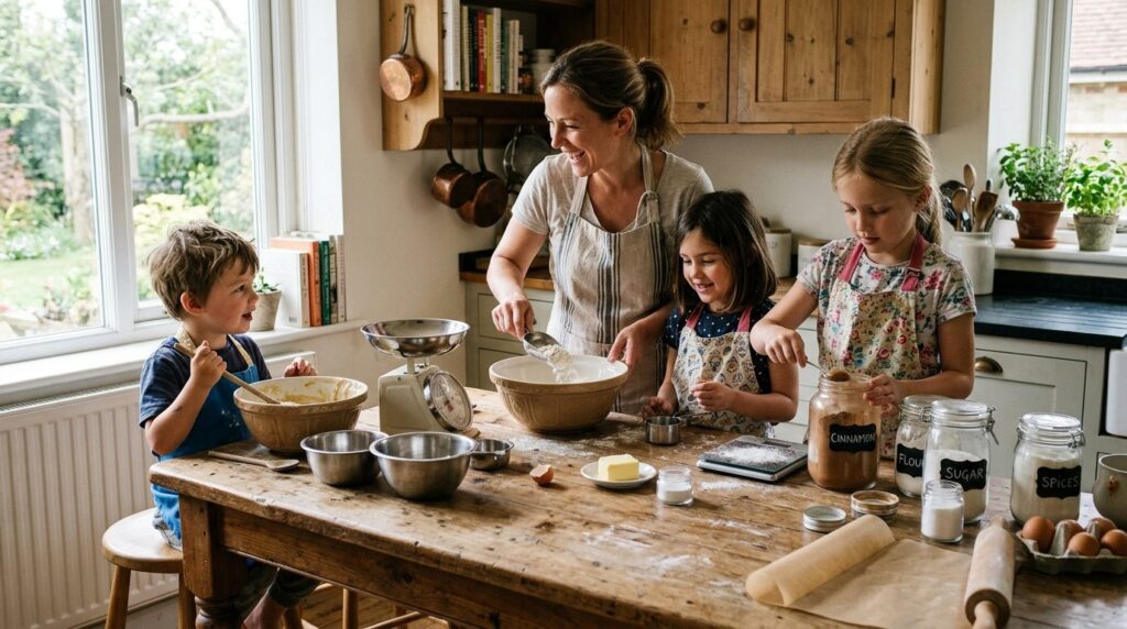 Realistic kitchen scene showing a mother and children gather