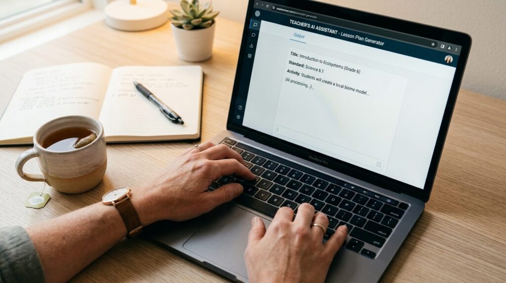 Close-up photograph of a teachers hands typing on a laptop