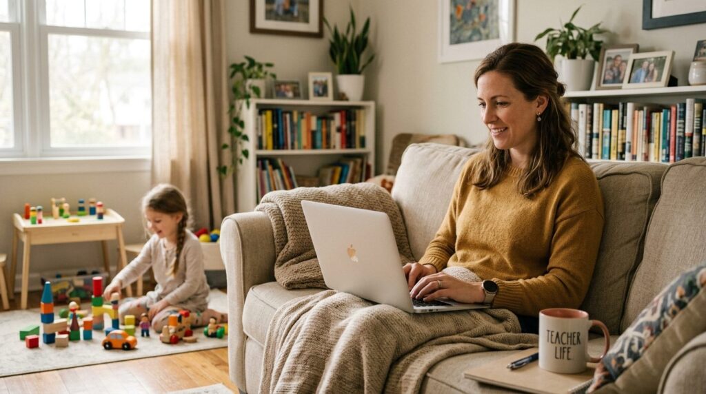 Warm photograph of a working mother teacher sitting on a cou