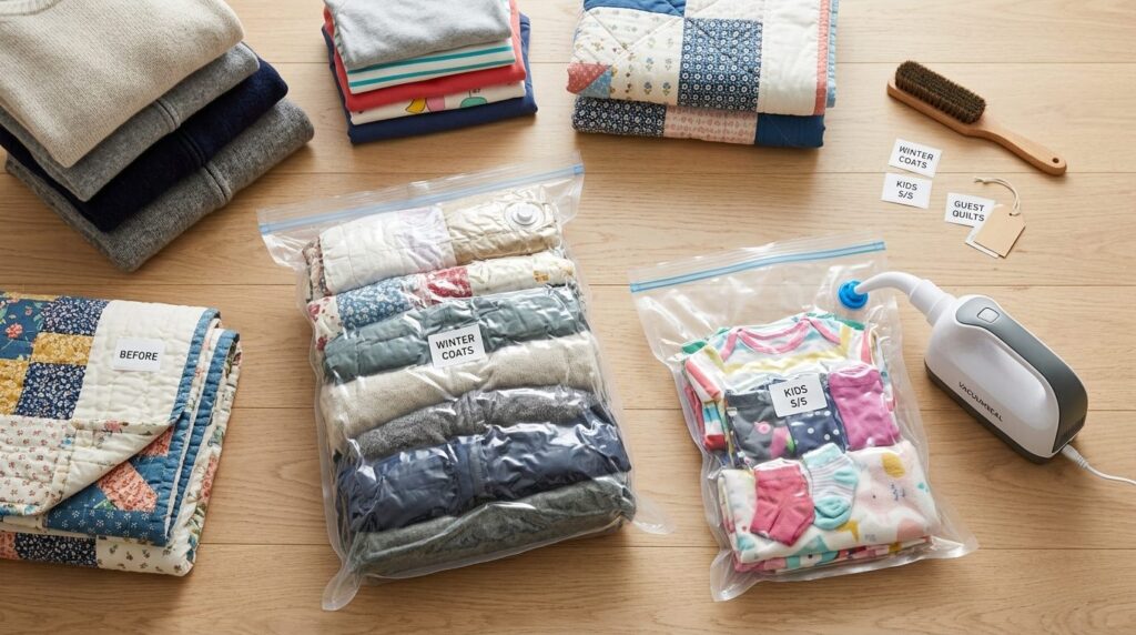 Overhead flat lay of neatly folded seasonal clothing items,