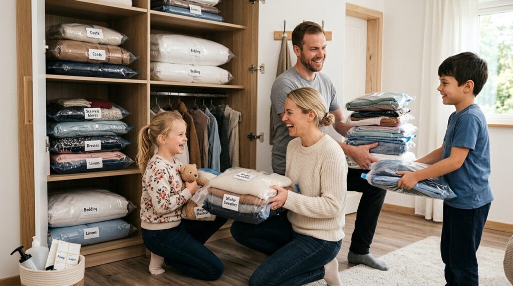 Happy young family organizing a storage closet with vacuum-c