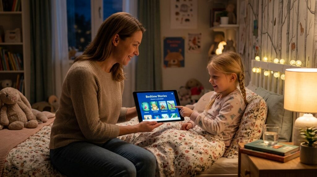 Realistic stock image, 16:9 aspect ratio, parent using table
