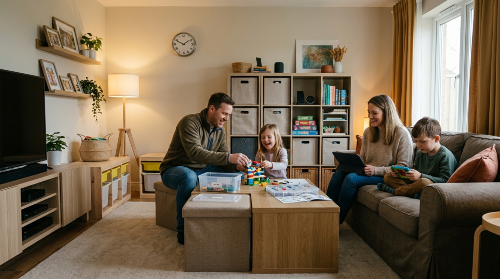 Wide shot of a cozy family living room where parents and two