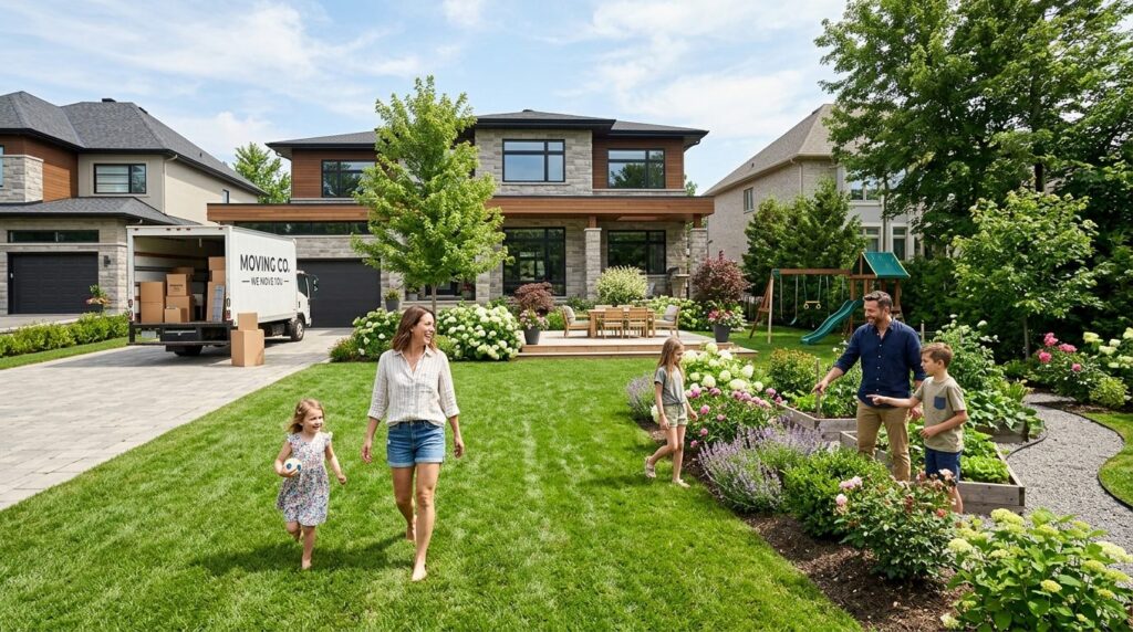 Wide shot of a family with children exploring their new spac