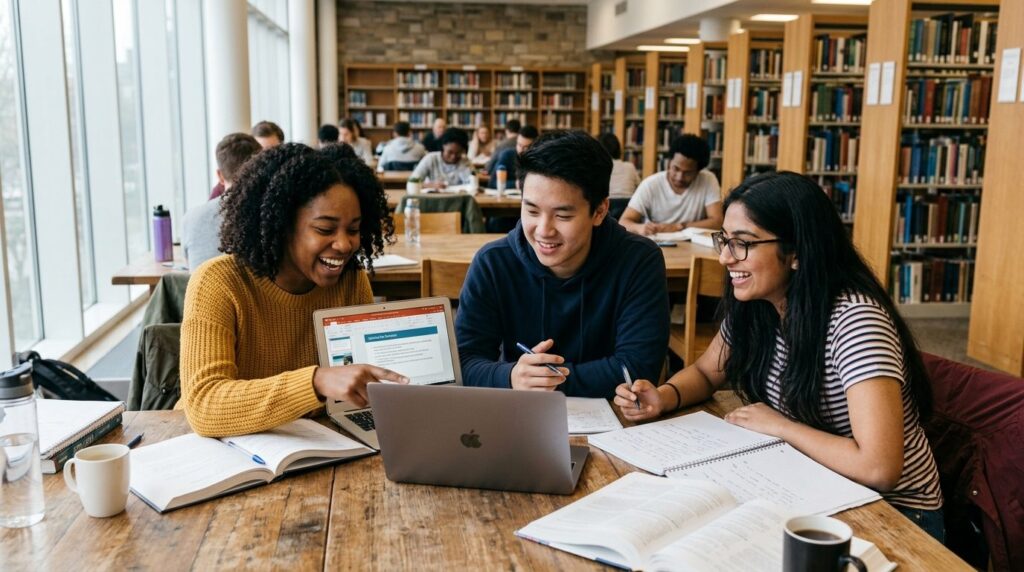 Stock photo of a diverse group of three young students sitti