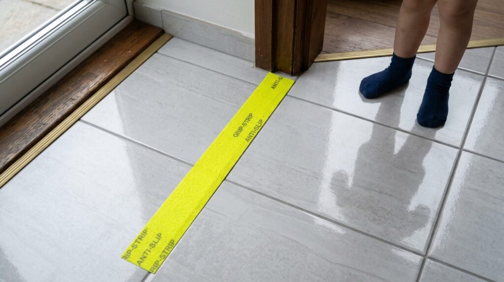 Close-up overhead view of neon yellow anti-slip safety tape