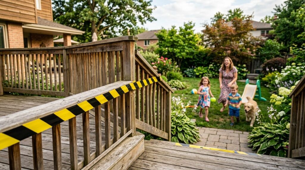 Wide-angle photograph of a bright yellow and black warning t