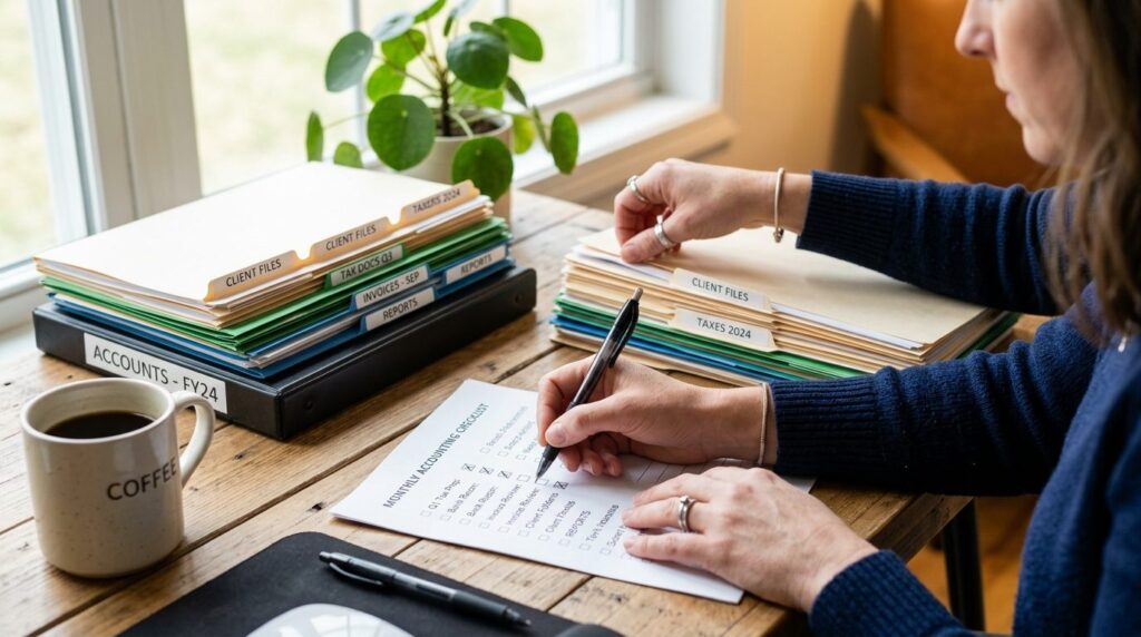 Close-up photorealistic shot of a womans hands organizing b