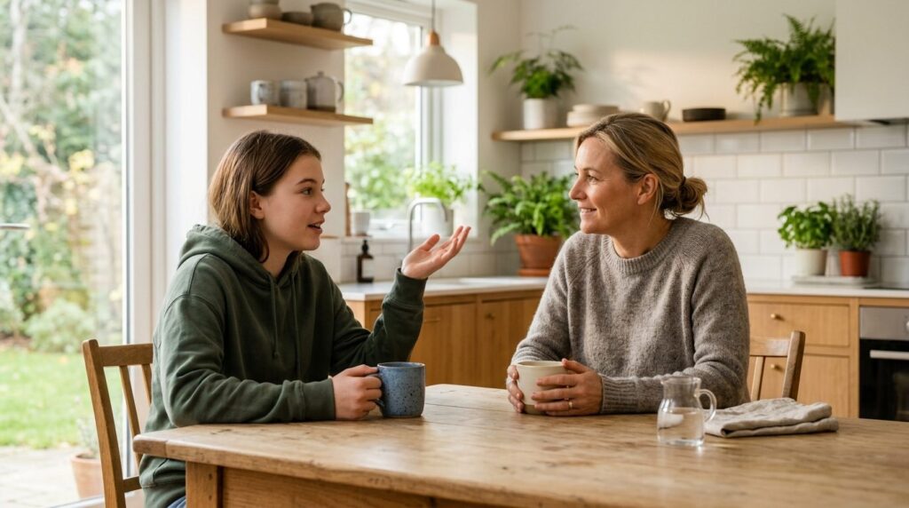 Professional stock photo of a parent and teenager sitting at