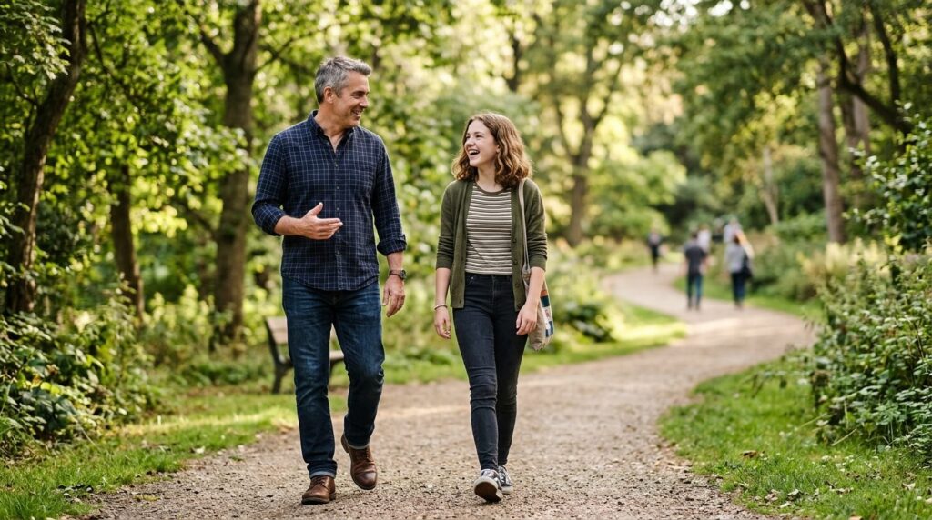 Realistic lifestyle image of a father and teenage daughter w