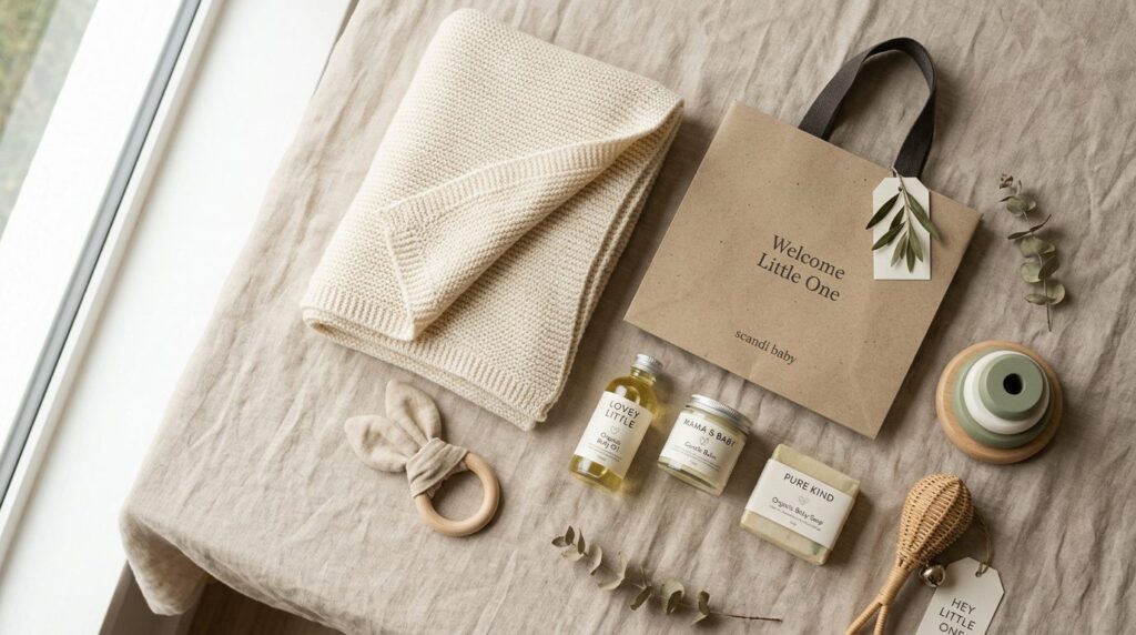 Close-up flat lay photography of thoughtfully curated baby g