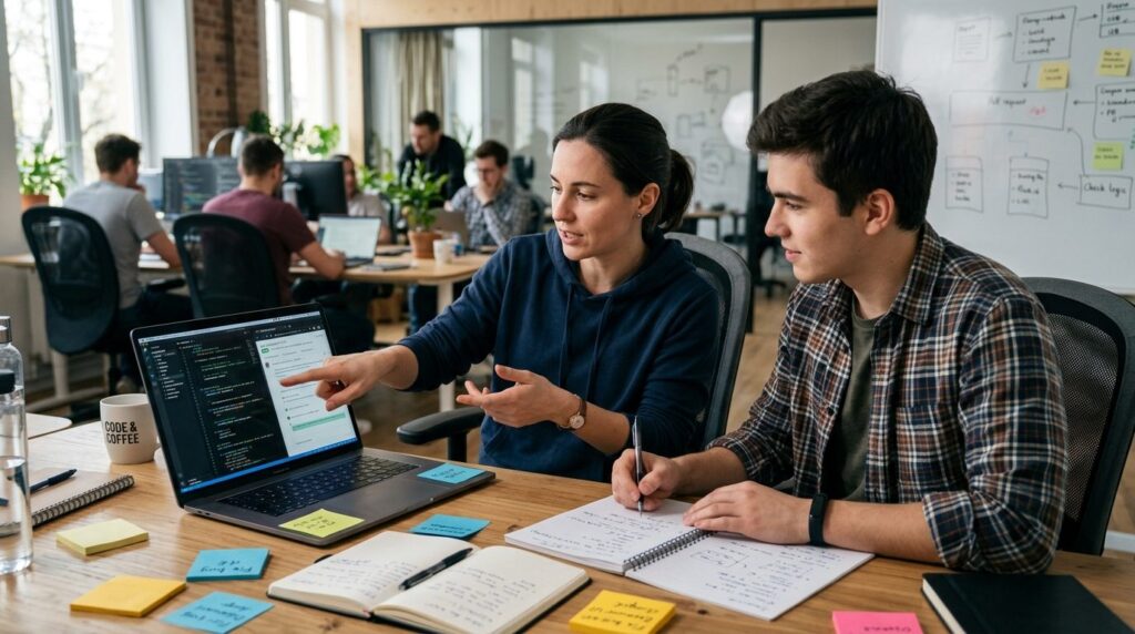 Two software developers in casual office environment having